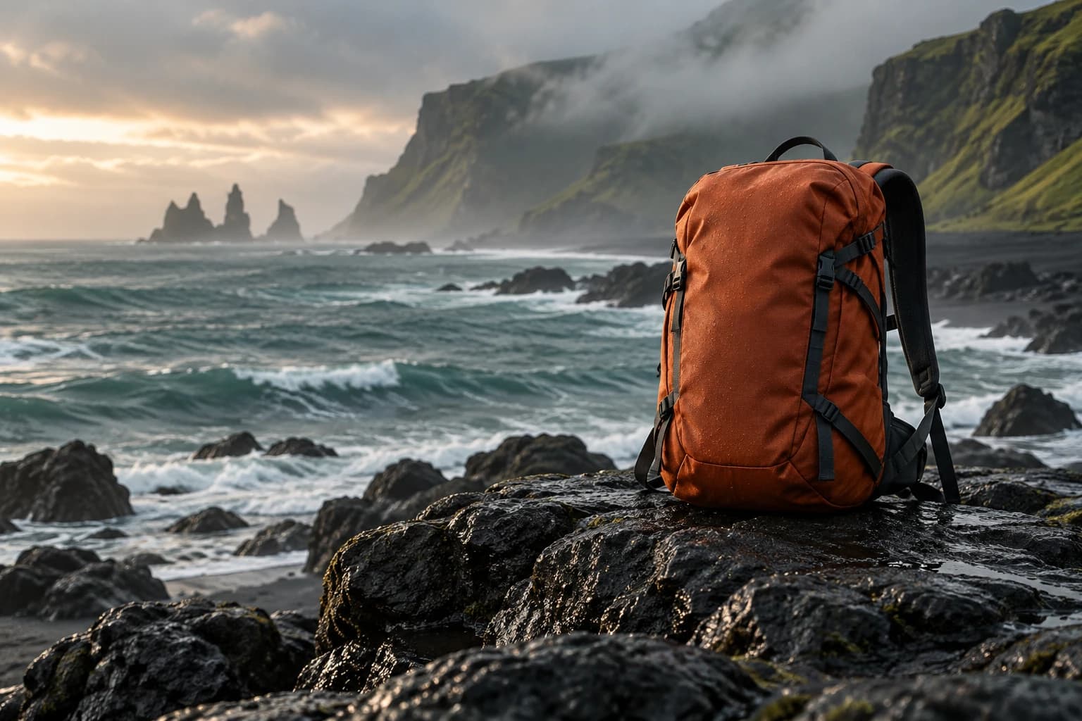 Orange Field daypack on dark coastal rock beside the sea