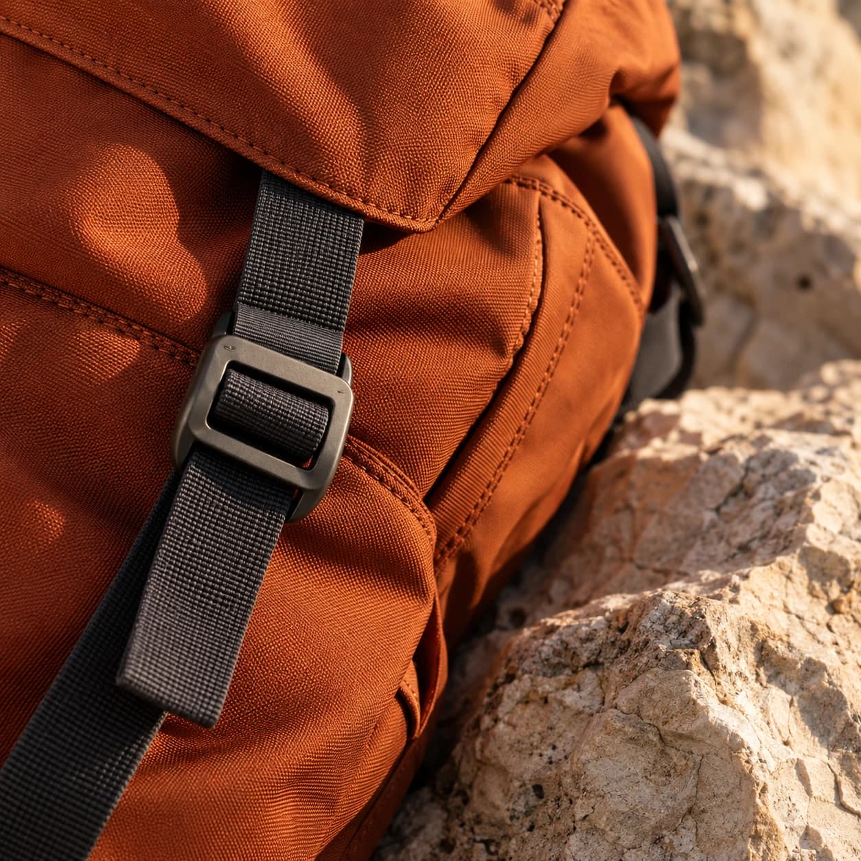 Close detail of orange woven fabric and a charcoal buckle on pale stone