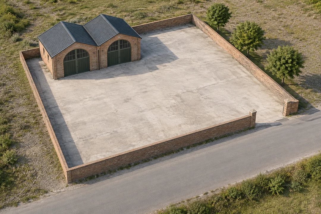 Illustrative existing site: a brick warehouse, open yard, boundary trees, and a road entrance
